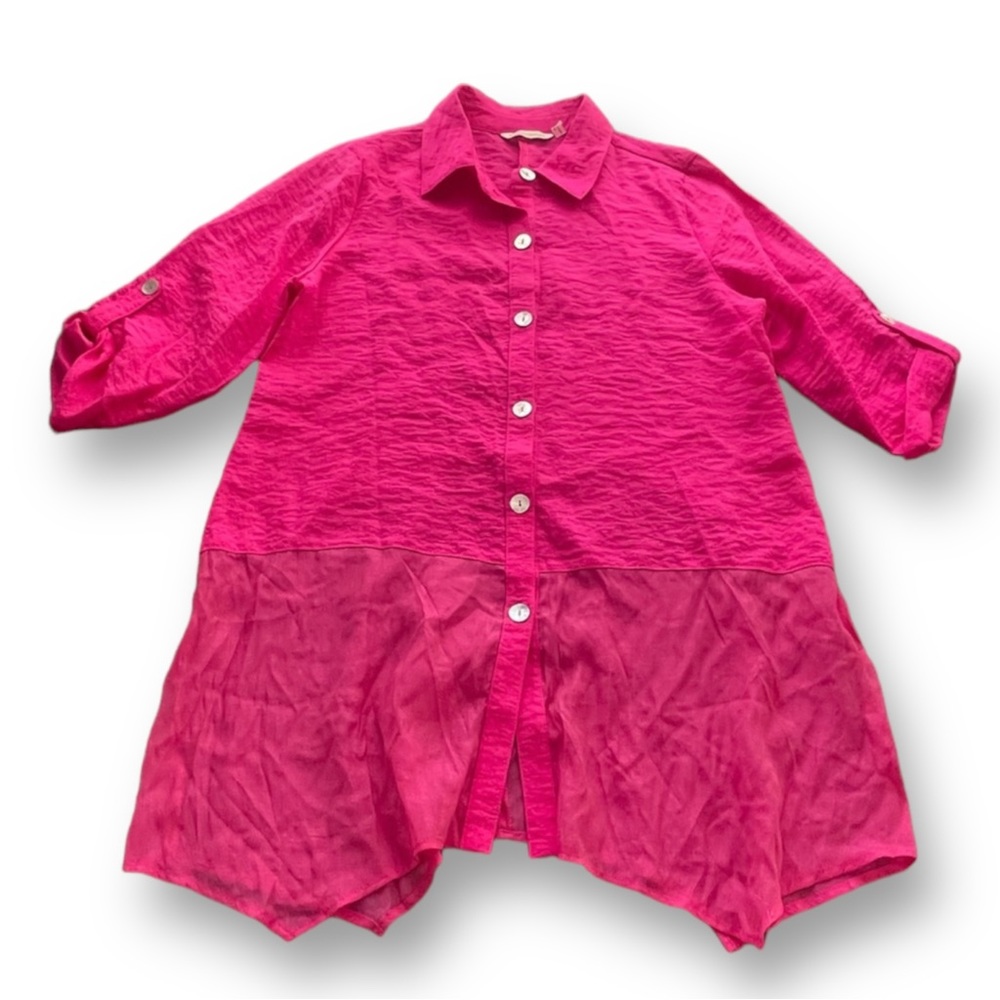 Soft Surroundings Fuchsia Pink Oversized Sheer Panel Button Up SZ M Lagenlook